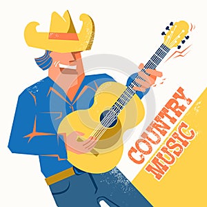 Country music concert poster with singer man in cowboy hat palying the guitar