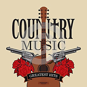 Country music emblem with guitar, pistols and roses