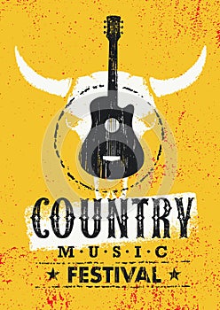 Country Music Festival Creative Vector Textured Poster Concept With Guitar and Cow Skull On Grunge Wall Background