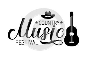 Country Music festival lettering with hat and guitar isolated on white. Acoustic guitar musical show typography poster. Easy to