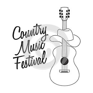 Country music festival lettering and silhouette of acoustic guitar and cowboy hat. Music poster, black and white illustration