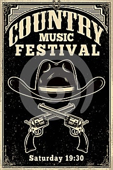 Country music festival poster template. Cowboy hat with crossed revolvers. Wild West theme. Design element for poster, card, banne