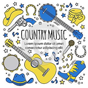 COUNTRY MUSIC FESTIVAL Western Holiday Vector Illustration Set