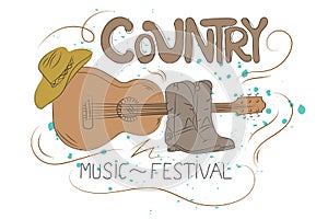 Country music illustration with guitar, cowboy shoes and hat.