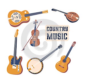 Country Music Instruments Include Guitar, Fiddle, Banjo Or Mandolin Isolated On White Background, Vector Illustration