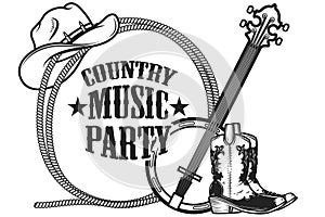 Country music party. Frame from rope with cowboy boots, hat and banjo in engraving style. Design element for poster