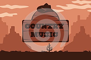 Country music poster with cowboy hat on the background of a scenic landscape.