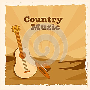Country Music Poster Design With Guitar, Cowboy Hat On Retro Style Sand Landscape And Rays