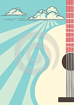 Country Music poster with musical instrument acoustic guitar.Vector blue sky background
