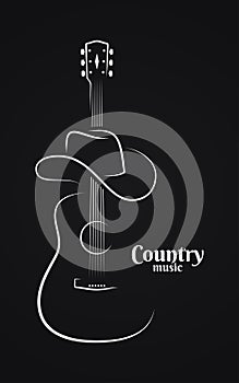 Country music sign. Cowboy hat with guitar