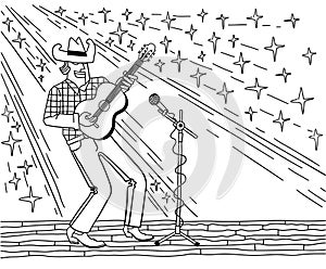 Country music stars background. Man wearing in cowboy outfit guitar player vector line illustration isolated on white