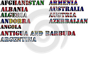 Country names in colors of national flags