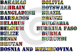 Country names in colors of national flags - complete set. Letter B.