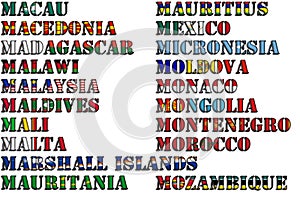 Country names in colors of national flags - complete set. Letter M.