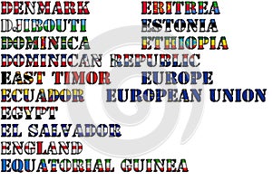 Country names in colors of national flags - complete set. Letters D, E.