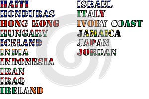 Country names in colors of national flags - complete set. Letters H, I, J.