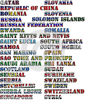 Country names in colors of national flags - complete set. Letters Q, R, S.