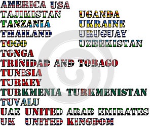 Country names in colors of national flags - complete set. Letters T, U.