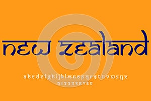 Country New Zealand text design. Indian style Latin font design, Devanagari inspired alphabet, letters and numbers, illustration