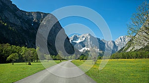 country road Ahornboden valley, famous alpine landscape austria tirol, karwendel mountains in spring