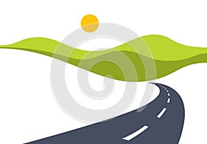 Country road curved highway vector perfect design illustration. The way to nature, hills and fields camping and travel theme. Can