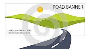 Country road curved highway vector perfect design illustration. The way to nature, hills and fields camping and travel theme. Can
