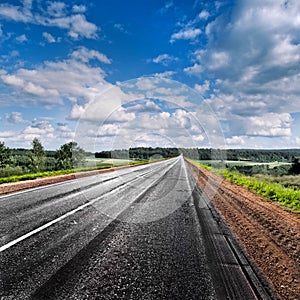 Country road disappearing into the distance. Panorama.