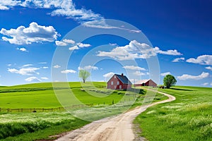 Country road and farmhouse in green field under blue sky with clouds, AI Generated