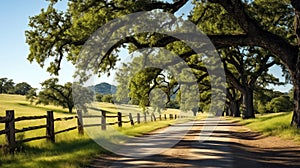 Country road through a field of oak trees and a wooden fence