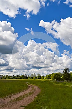 Country road through the field. Sky with clouds. Vertical view