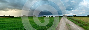 Country road through green fields and rainy cloud