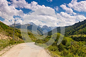 Country road high in the mountains. Tall trees, snowy mountains and white clouds on a blue sky. Kyrgyzstan Beautiful landscape