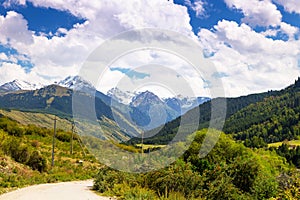 Country road high in the mountains. Tall trees, snowy mountains and white clouds on a blue sky. Kyrgyzstan Beautiful landscape