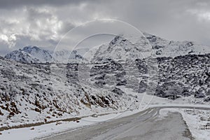 Country road in the highlands Greece, Peloponnese on a winter, snowy day