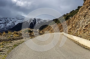 Country road in the highlands Greece, Peloponnese on a winter, snowy day