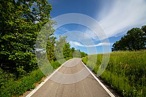 Country road on a hillside with trees and blue sky in the background