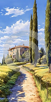 Country Road And House Landscape Painting