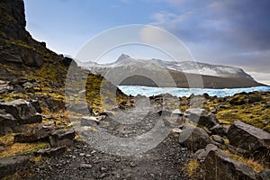 Country road in Iceland. Svinafellsjokull, Svinafell Glacier