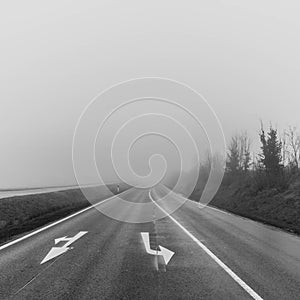 Country road in morning fog