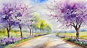 Country road with purple flowers blooming on both sides of the road, watercolor painting style.