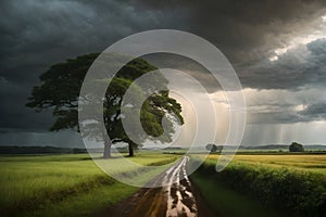 A country road with rain clouds background