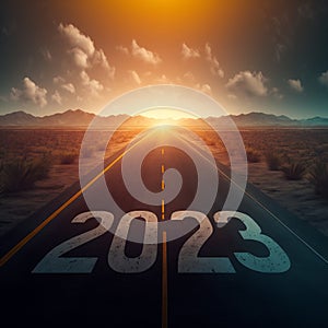 Country road with a rising sun leading forward to year 2023 - generative ai