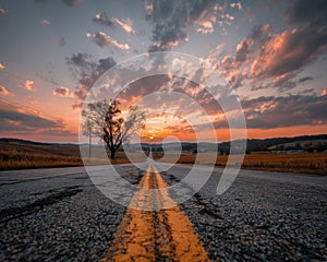 Country Road Sunset Landscape with Single Tree
