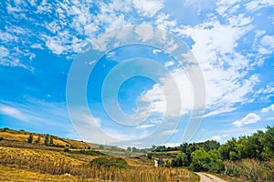 Country road under white clouds