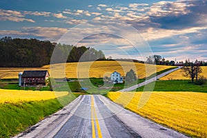 Country road and view of farm fields and hills in rural York County, Pennsylvania.