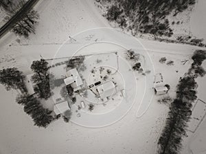 country roads in winter and small village from above - vintage retro look