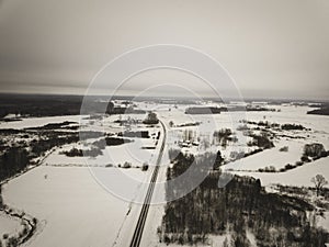 country roads in winter and small village from above - vintage retro look