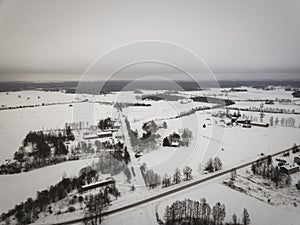 country roads in winter and small village from above - vintage retro look