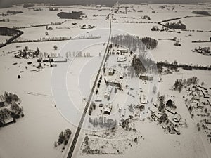 country roads in winter and small village from above - vintage retro look