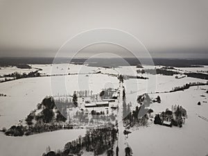 country roads in winter and small village from above - vintage retro look